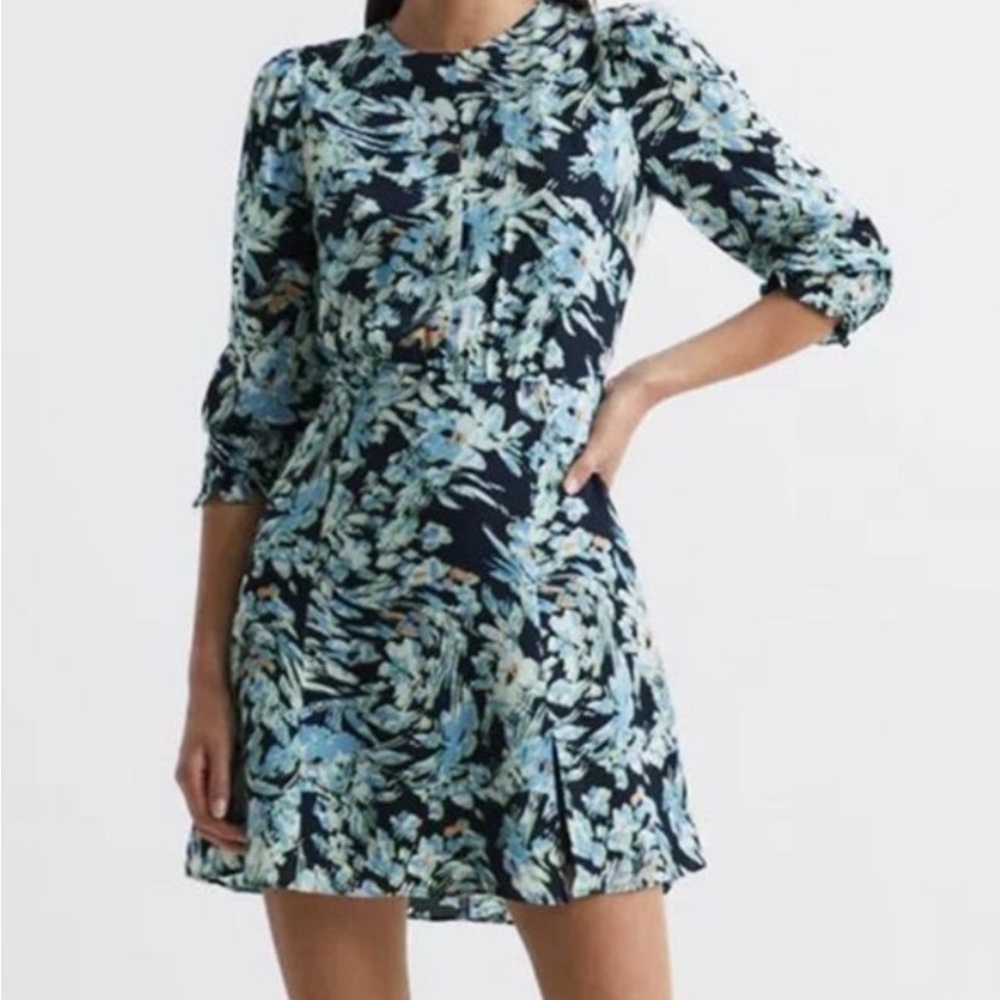 Reiss Long Sleeve Dress in Dark and Light Blue Floral